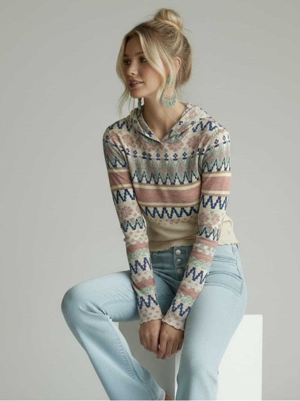 Free People Movement Mock Neck Southwestern Print Long Sleeve Top - Size Small
